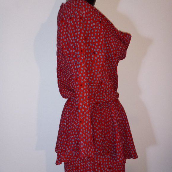 cowl-neck, peplum, floral print crepe, knee-length dress, vintage late 1970s-80s - Picture 5 of 15